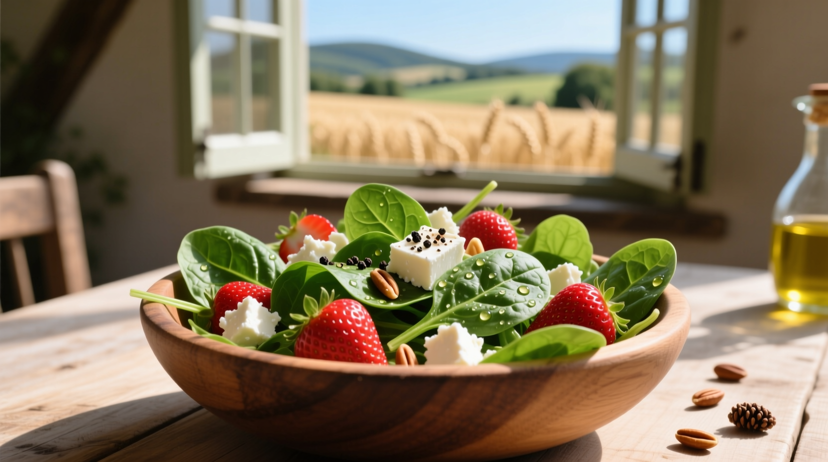 Fresh spinach salad with strawberries and feta cheese