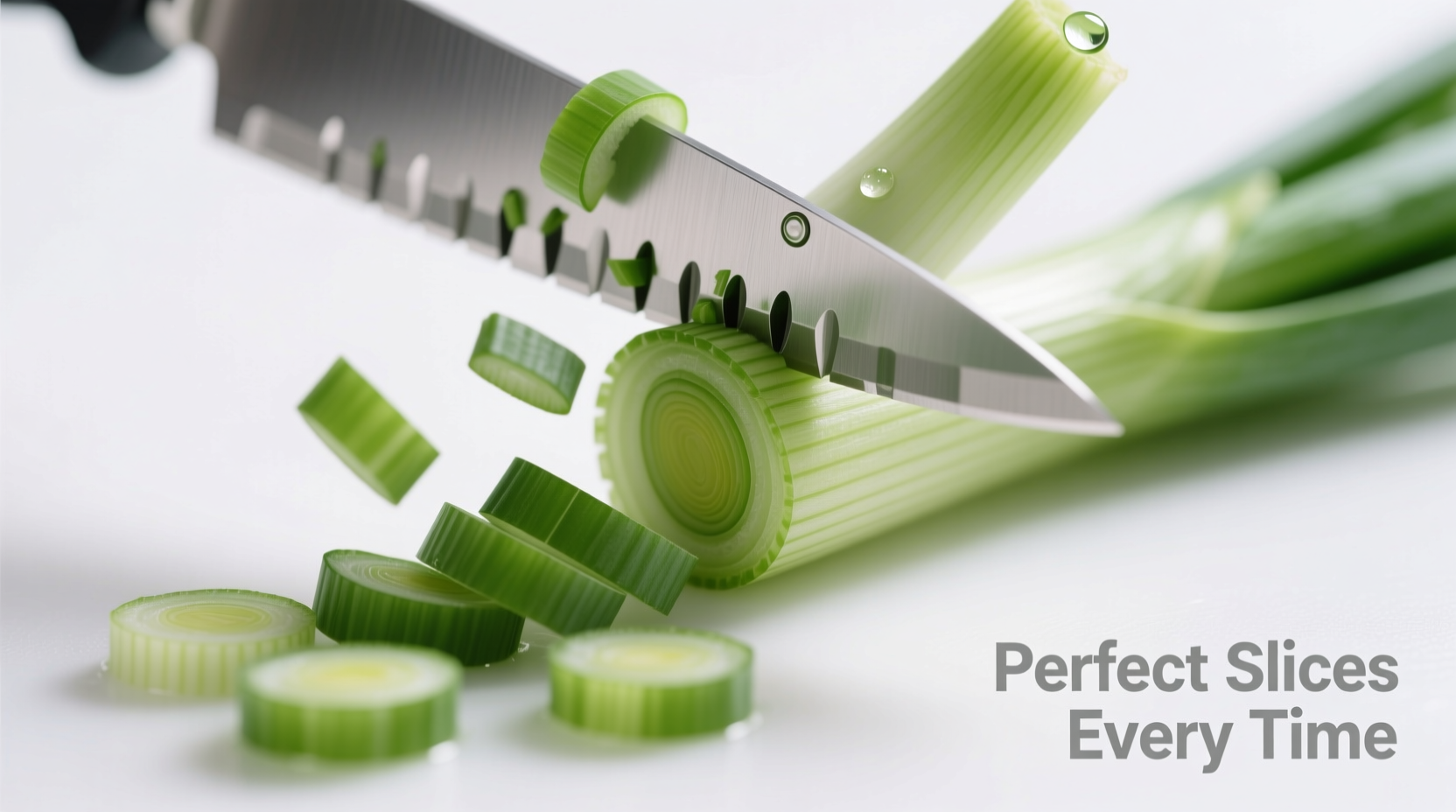 Green onion slicer in action with uniform cuts