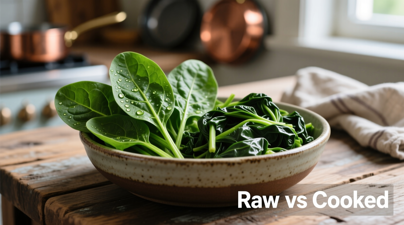 Raw spinach leaves next to cooked spinach in bowl