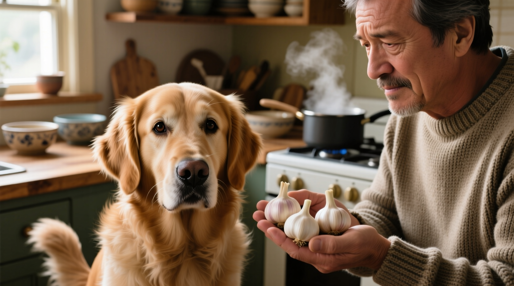 Dog with concerned owner holding garlic cloves