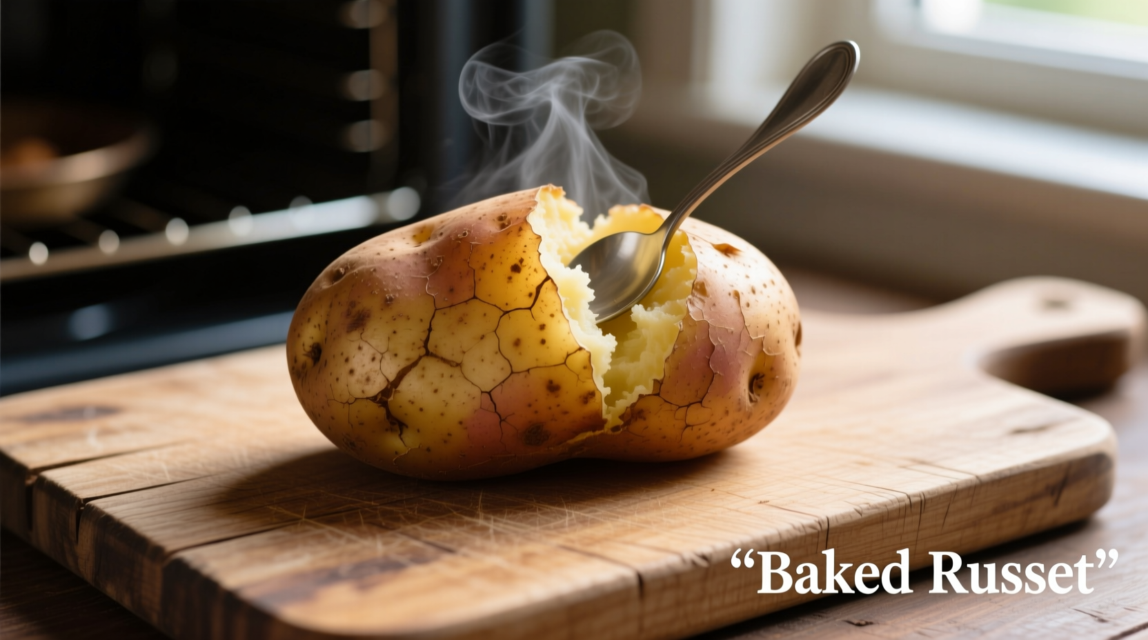 Baked russet potato with skin on wooden cutting board