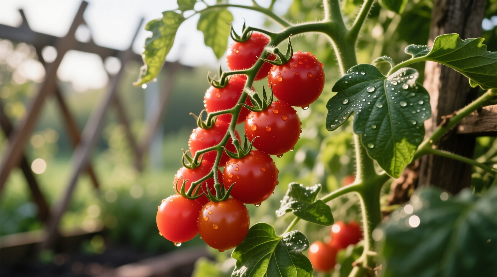 Ripe cherub tomatoes on vine with green leaves