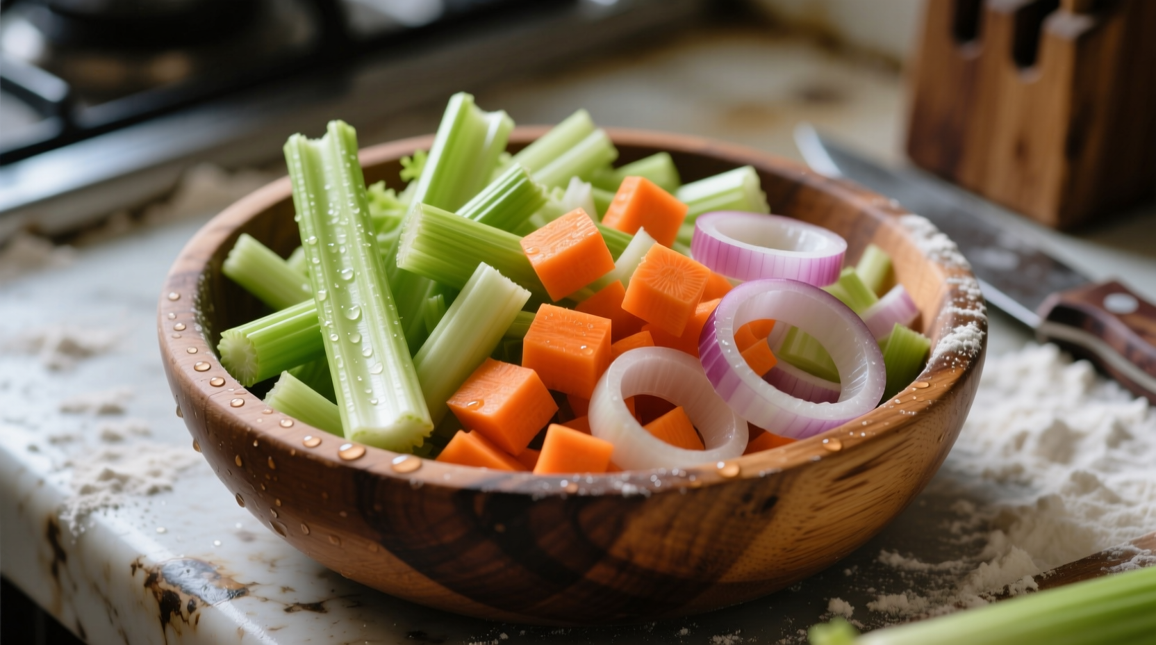 Chopped celery carrots onions in a wooden bowl