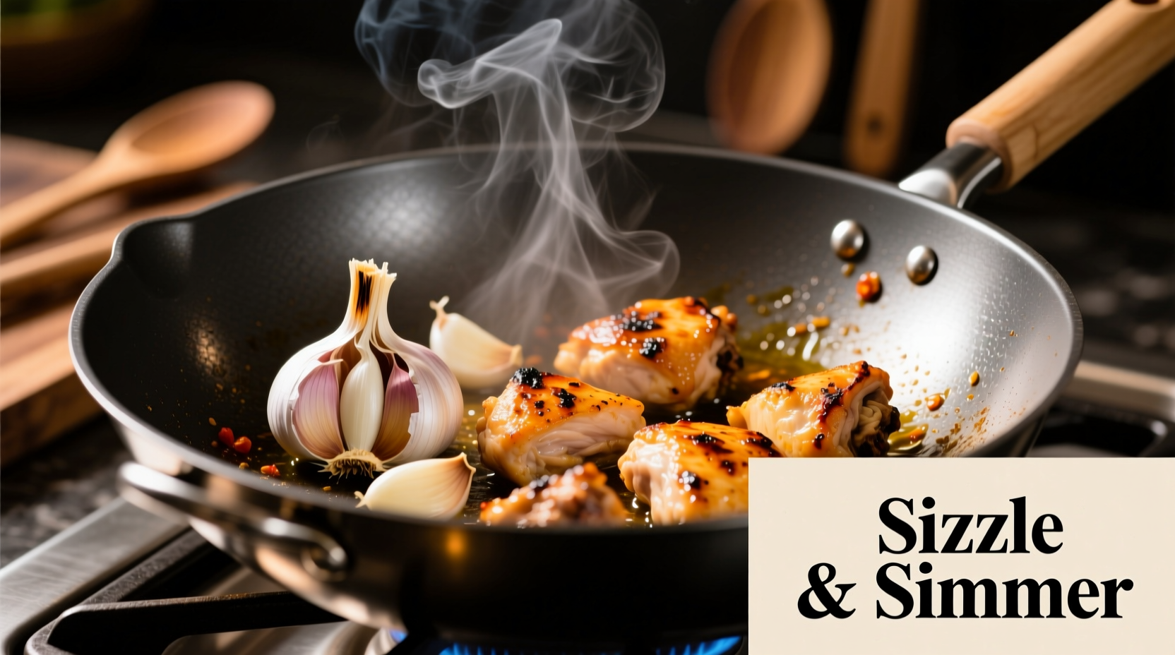 Fresh garlic cloves and chicken pieces in wok