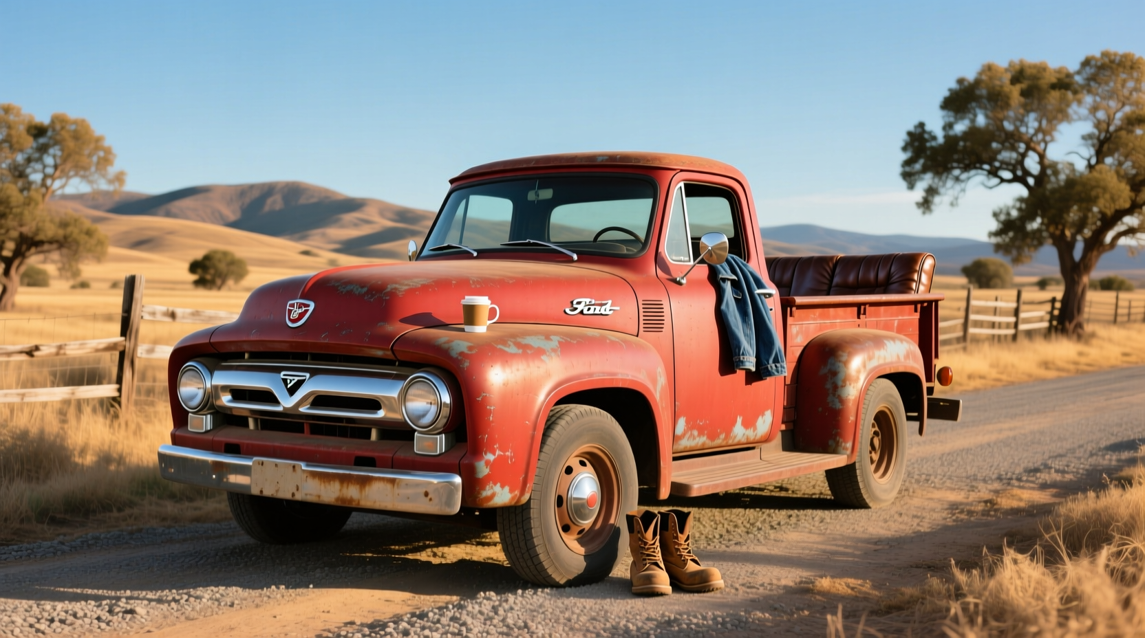Front three-quarter view of a restored 1955 Ford F100 on a sunny day