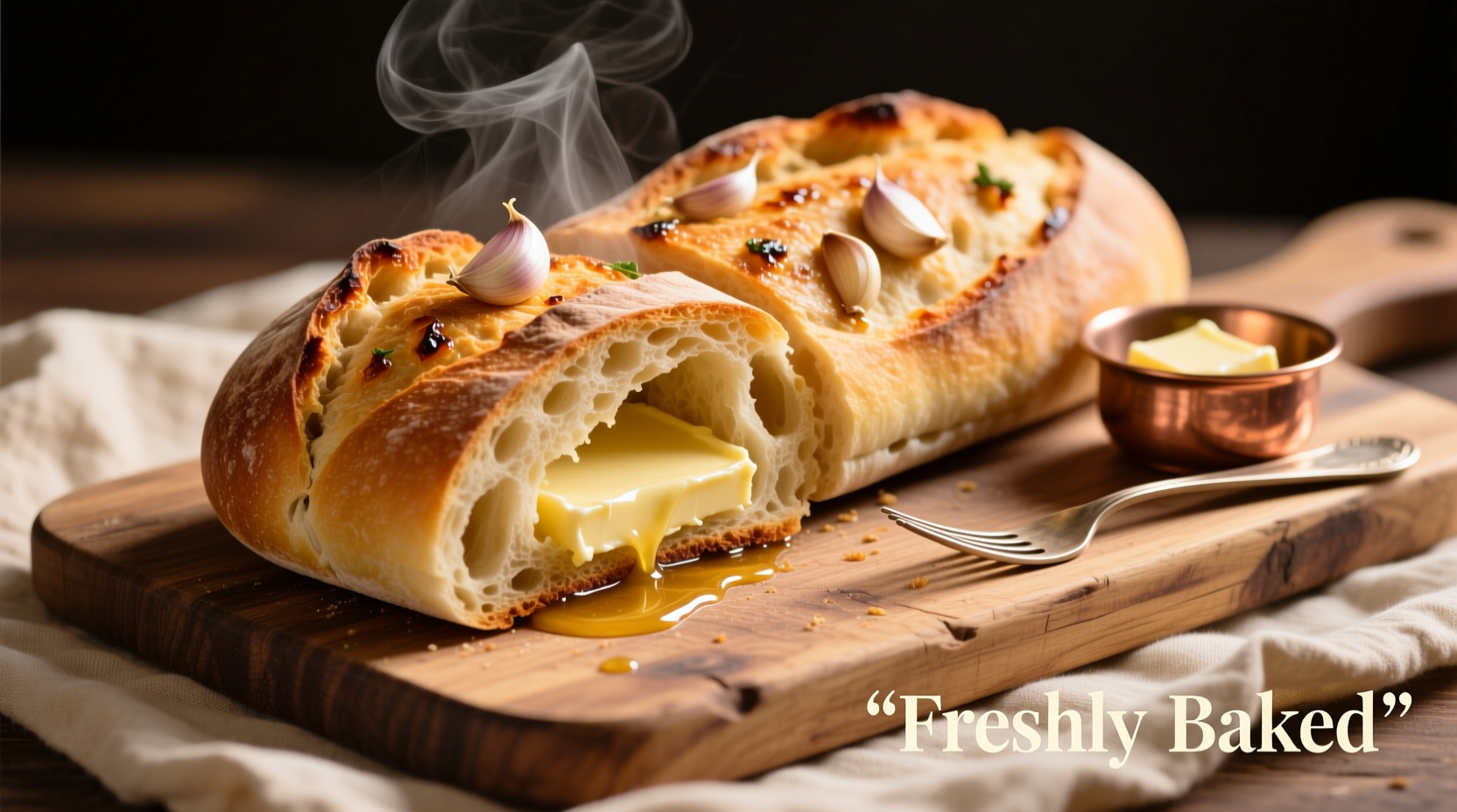 Freshly baked ciabatta garlic bread with melted butter