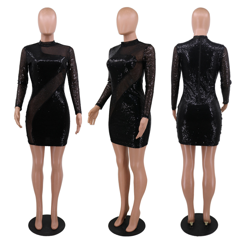 Fashion sequins nightclub party dress perspective gauze dress women Long Sleeve Bodycon Midi Skirt Sequin dresses