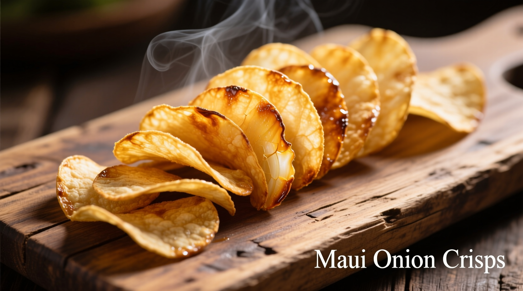 Crispy golden Maui onion chips on wooden board