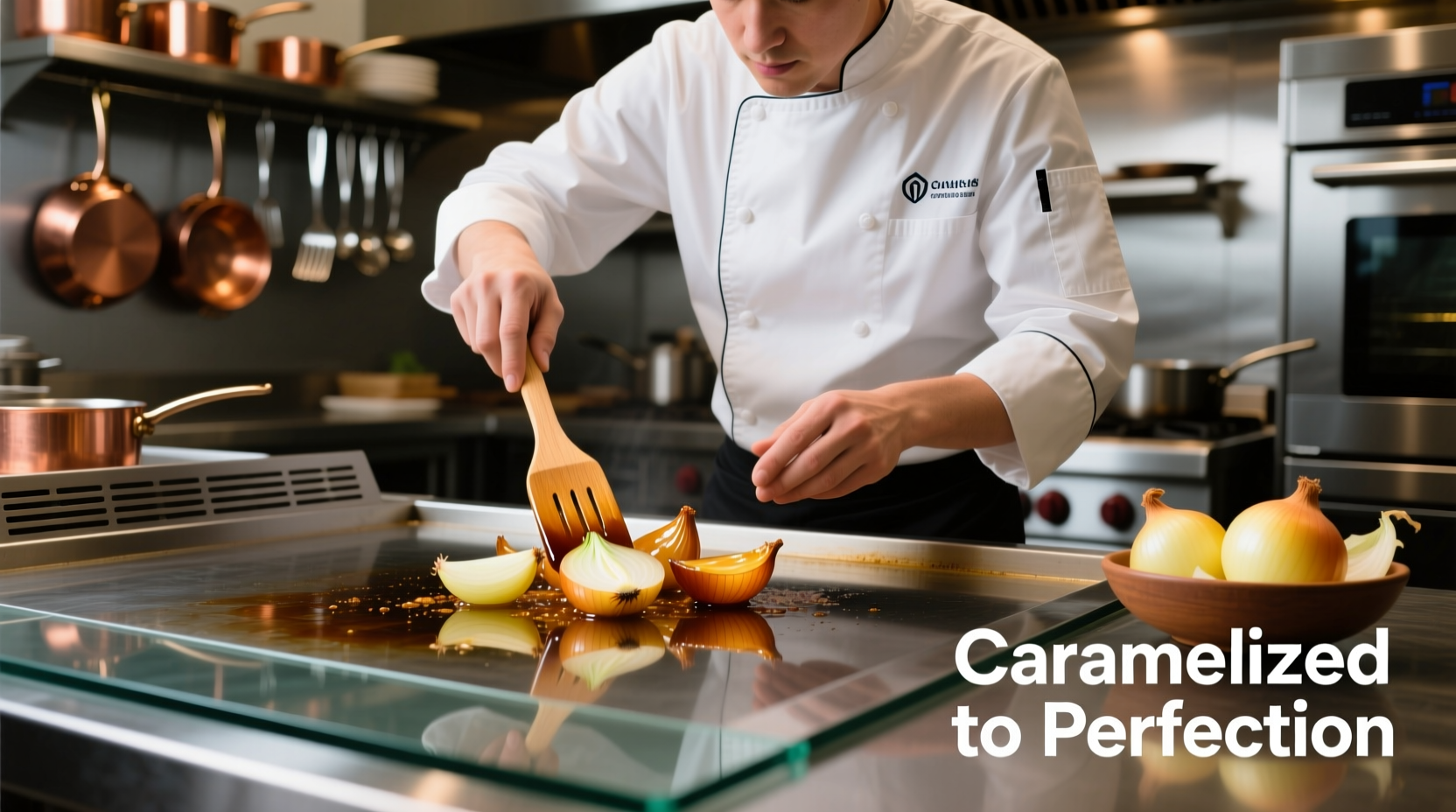 Professional chef caramelizing onions on glass-top griddle