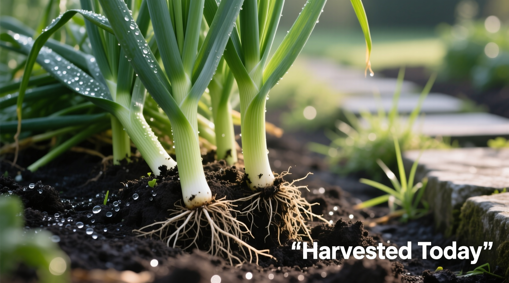 Freshly harvested leek plants with soil still on roots
