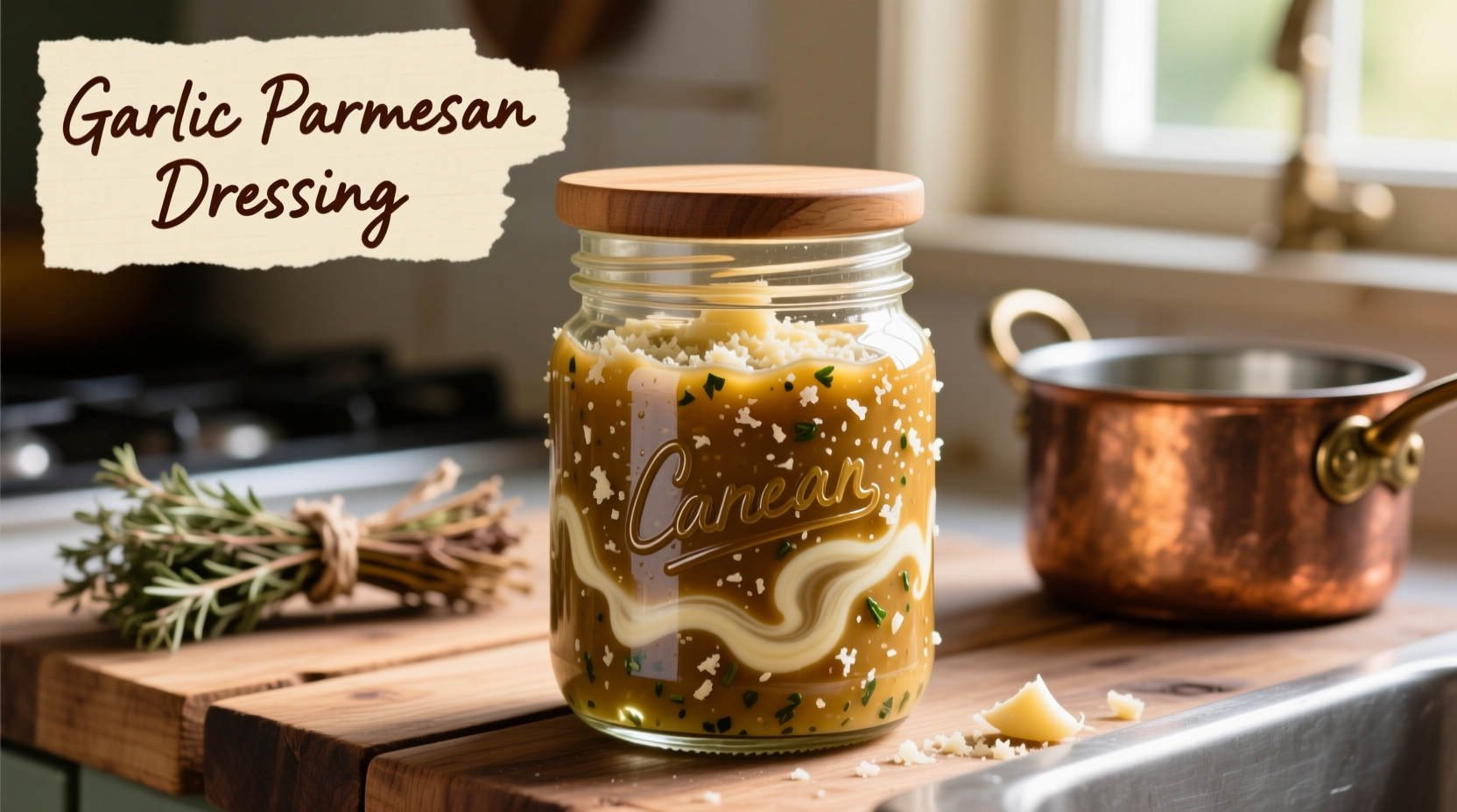 Homemade garlic parmesan dressing in glass jar