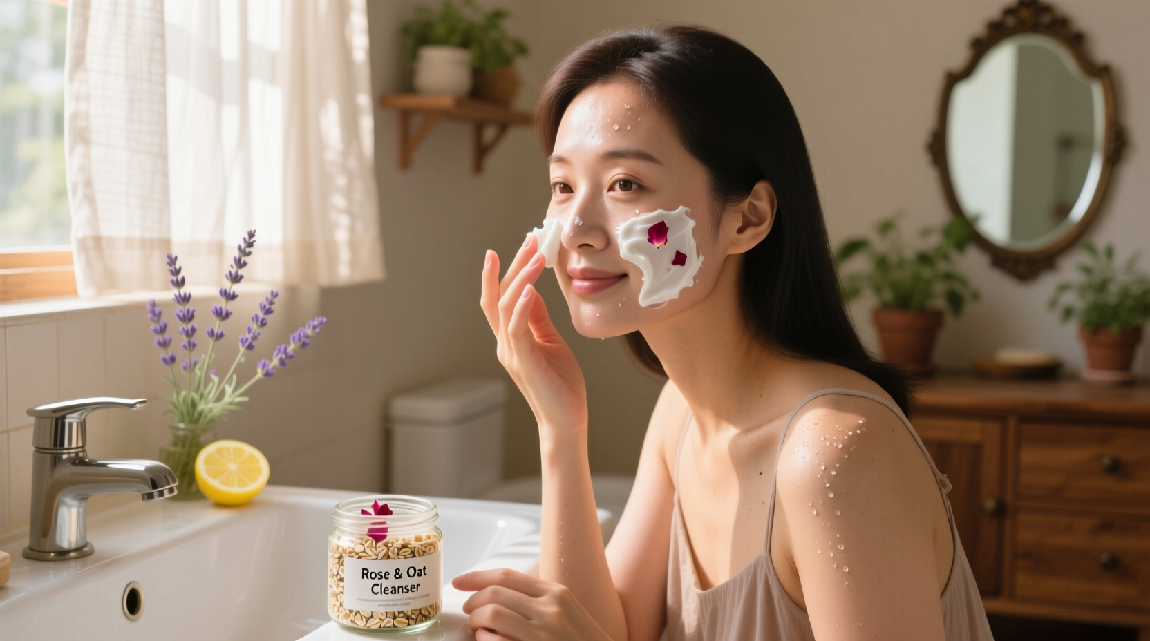 Woman applying homemade face cleanser