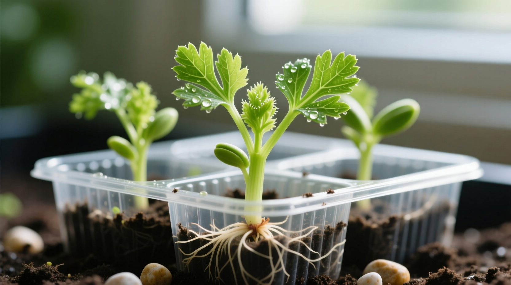 Close-up of celery seedlings in starter trays