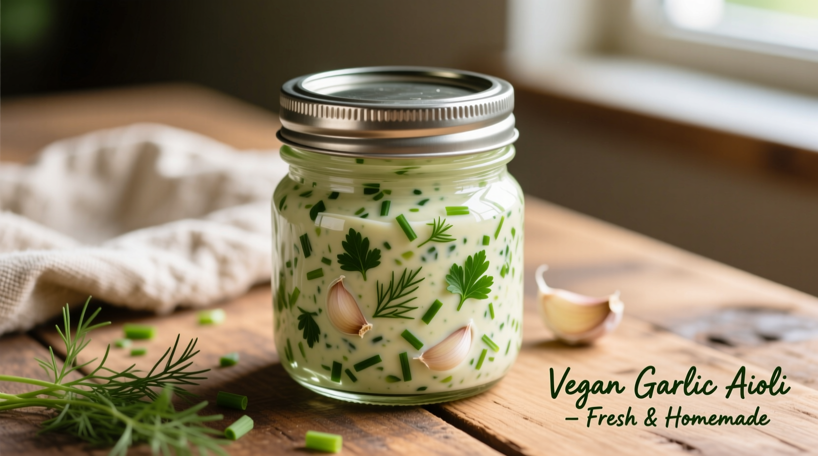 Homemade vegan garlic aioli in mason jar with fresh herbs
