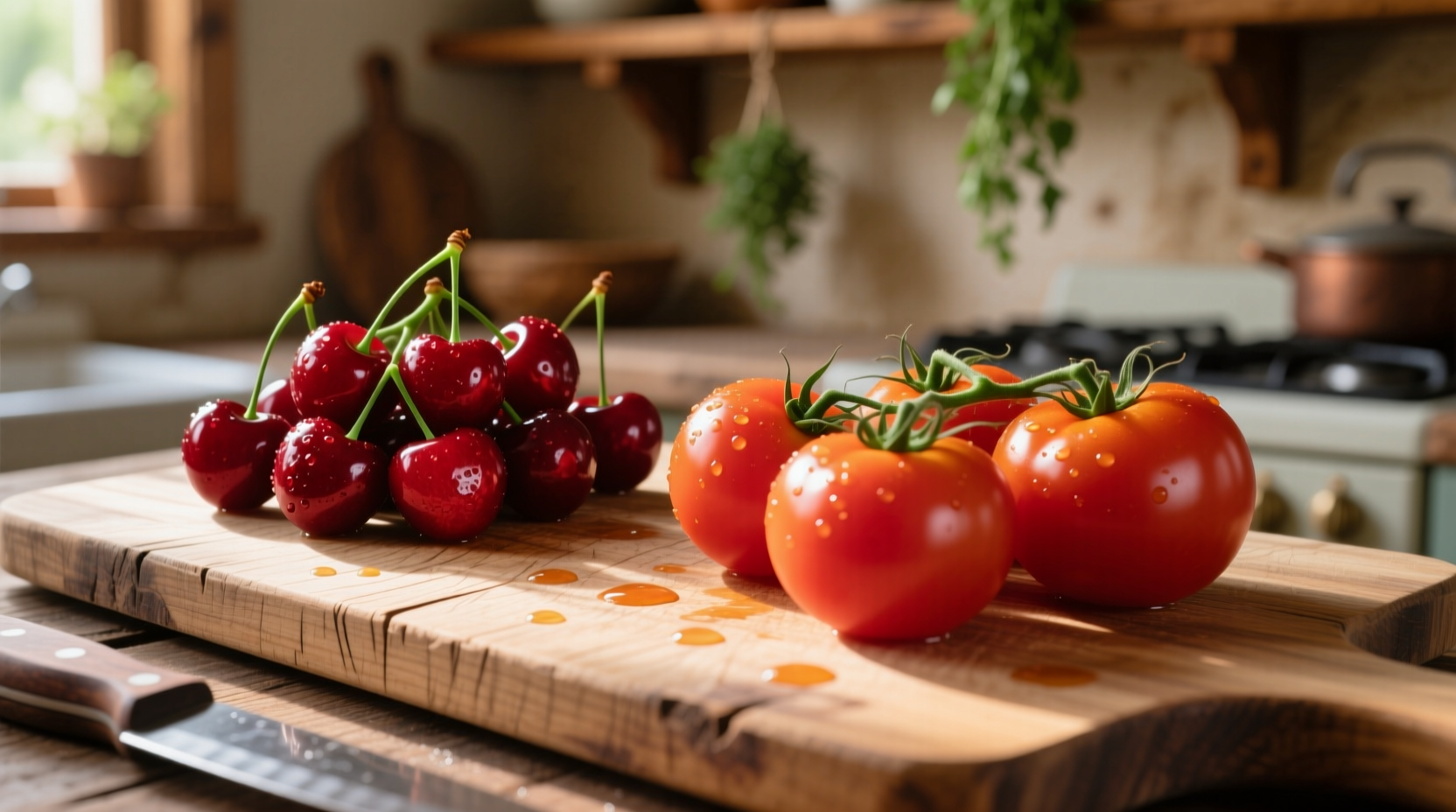 Fresh cherries and tomatoes on wooden cutting board