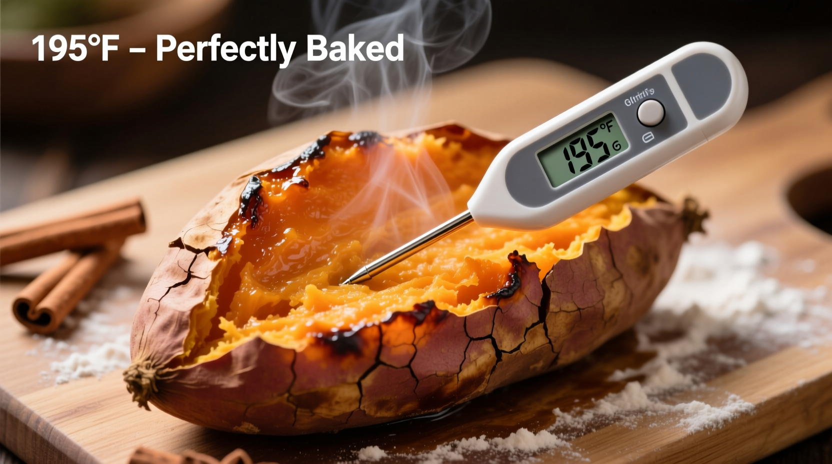 Thermometer measuring temperature of baked sweet potato