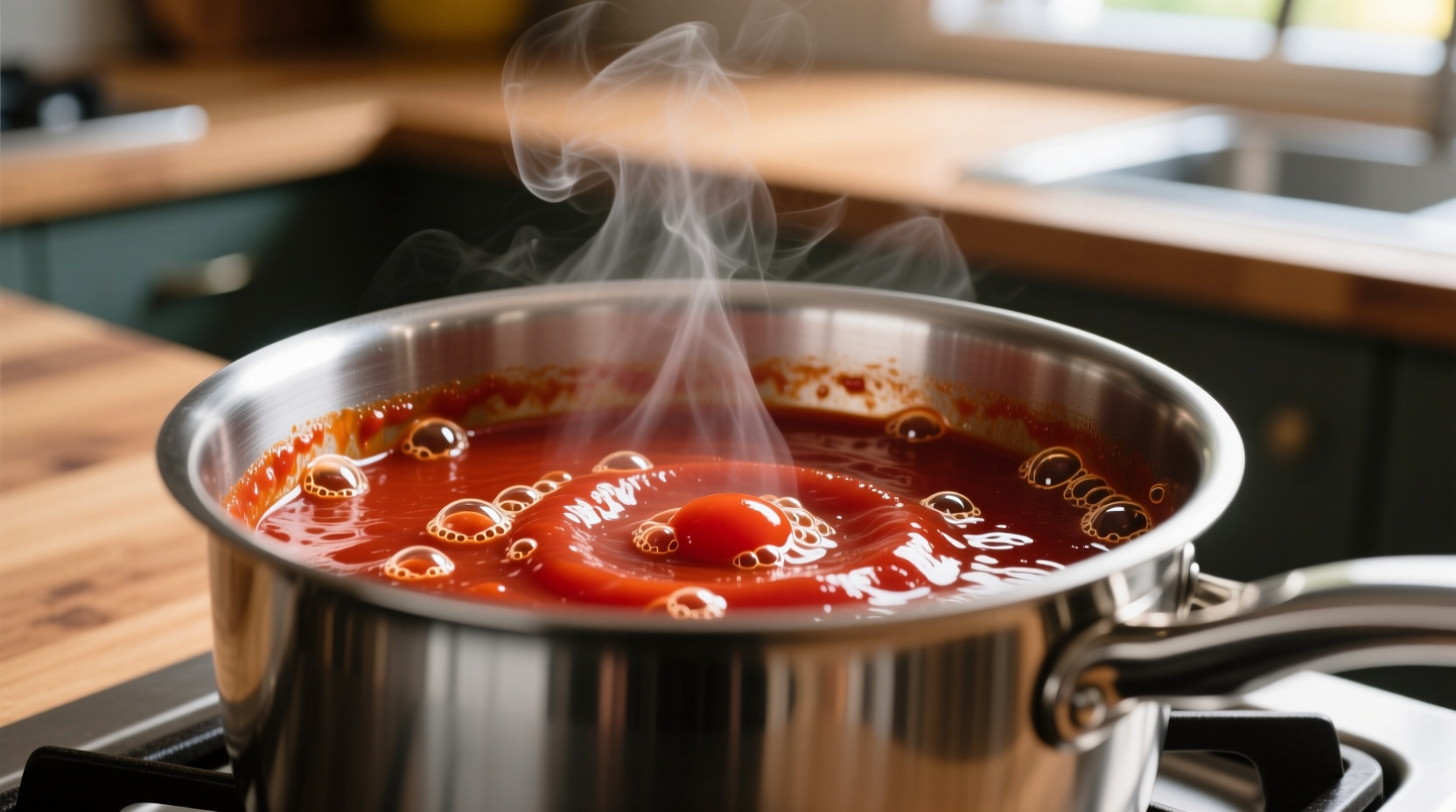 Tomato sauce simmering in stainless steel pot
