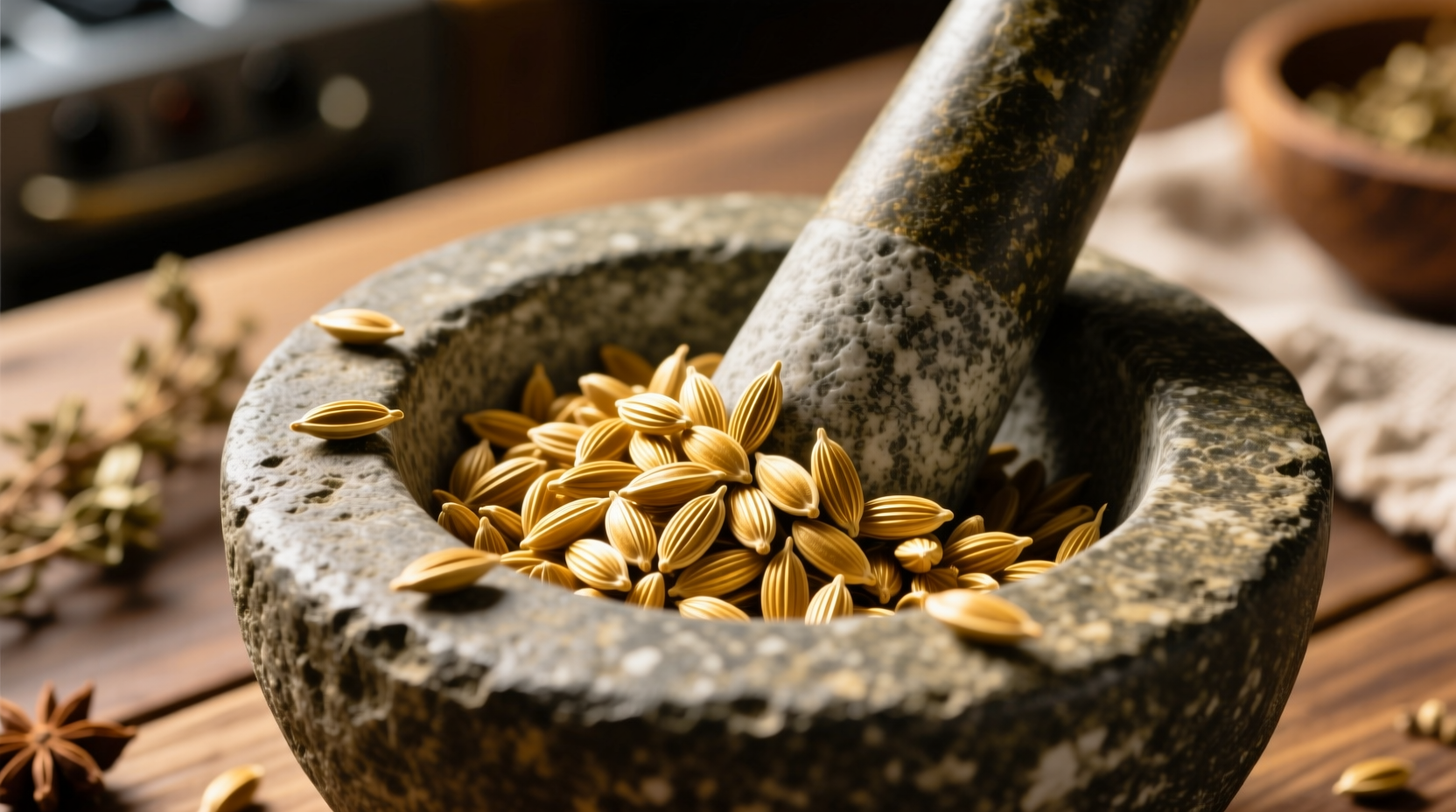 Close-up of golden fennel seeds in mortar