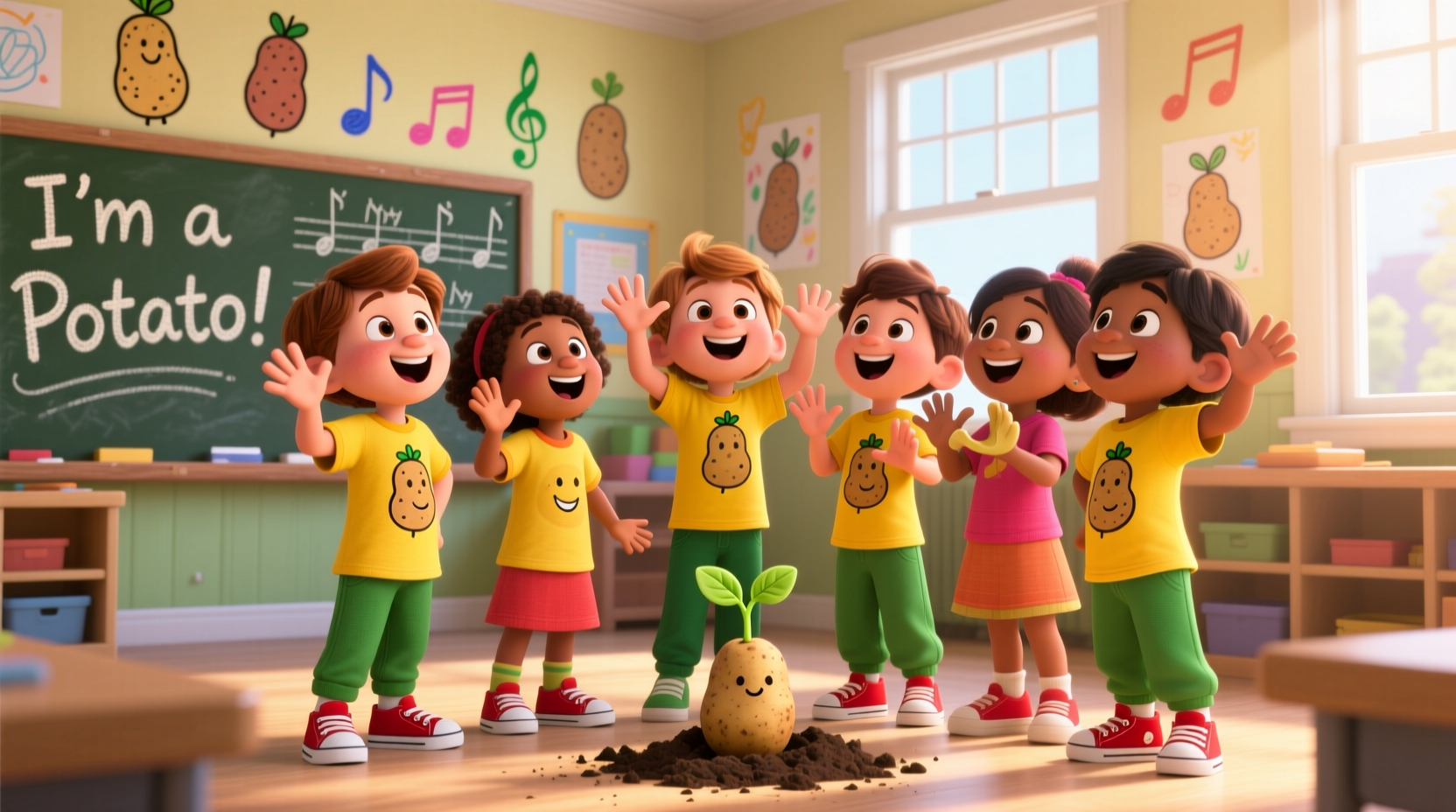 Children singing I'm a Potato song with hand movements