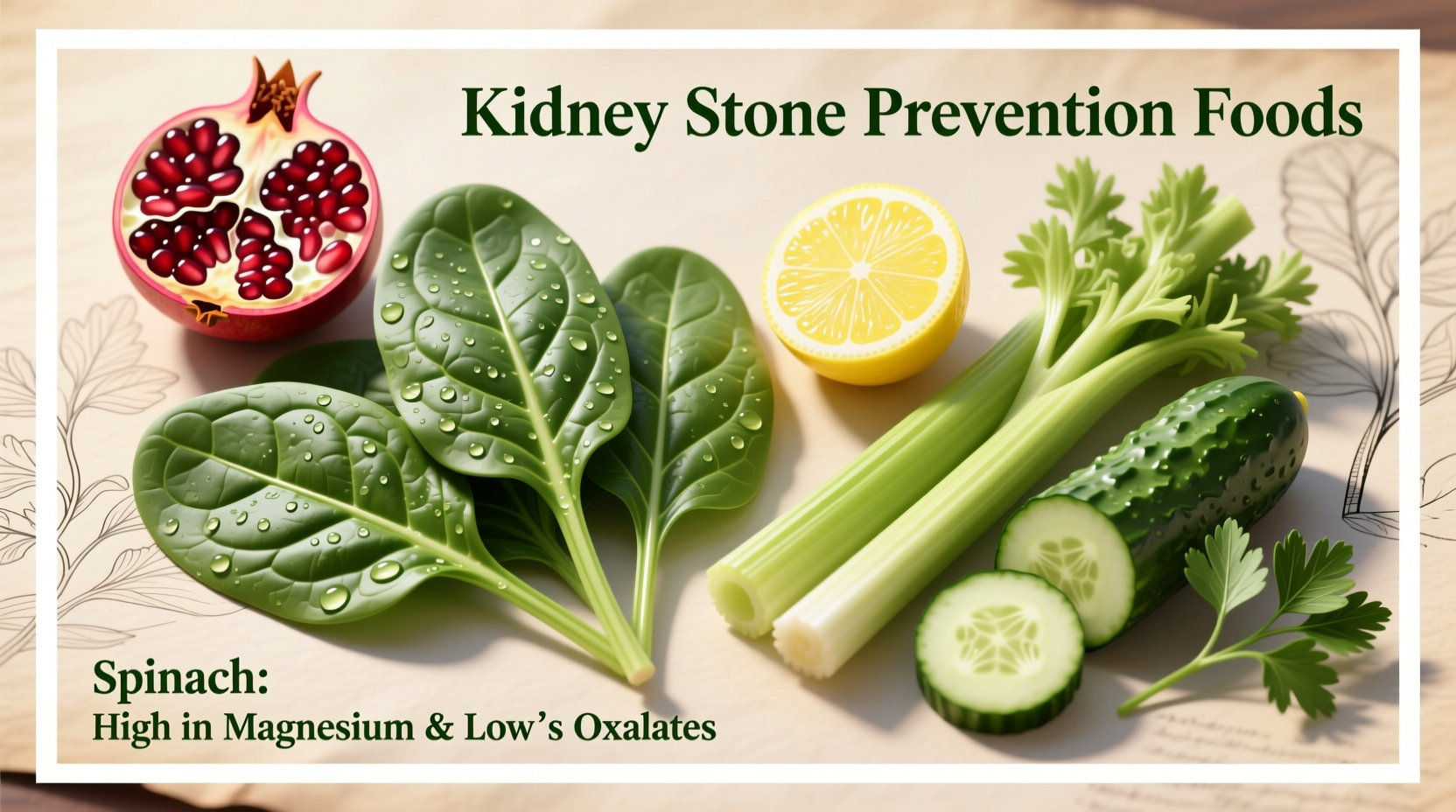 Spinach leaves next to kidney stone prevention foods
