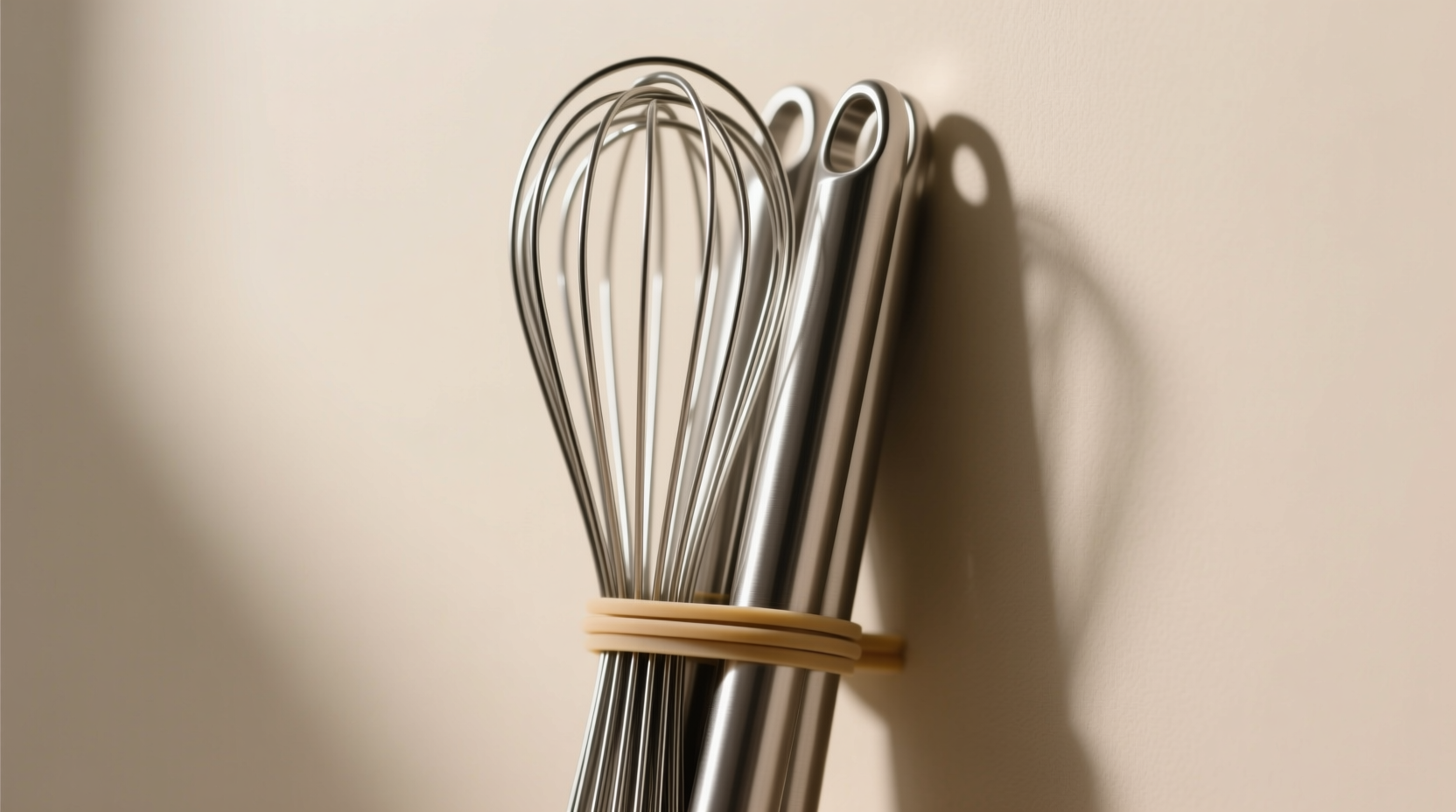 store whisks with a rubber band to save space and avoid
