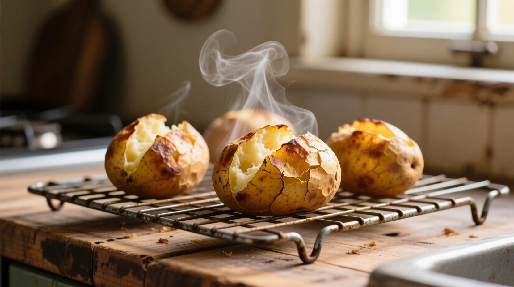 Golden baked potatoes cooling on wire rack