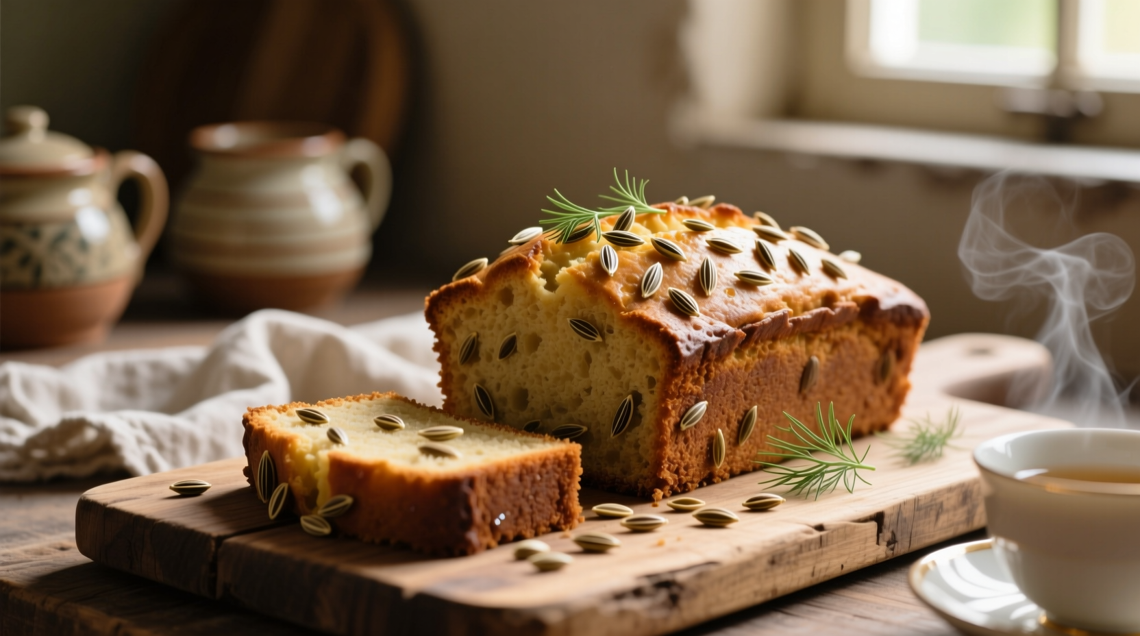 Fresh fennel seeds sprinkled on rustic cake slice