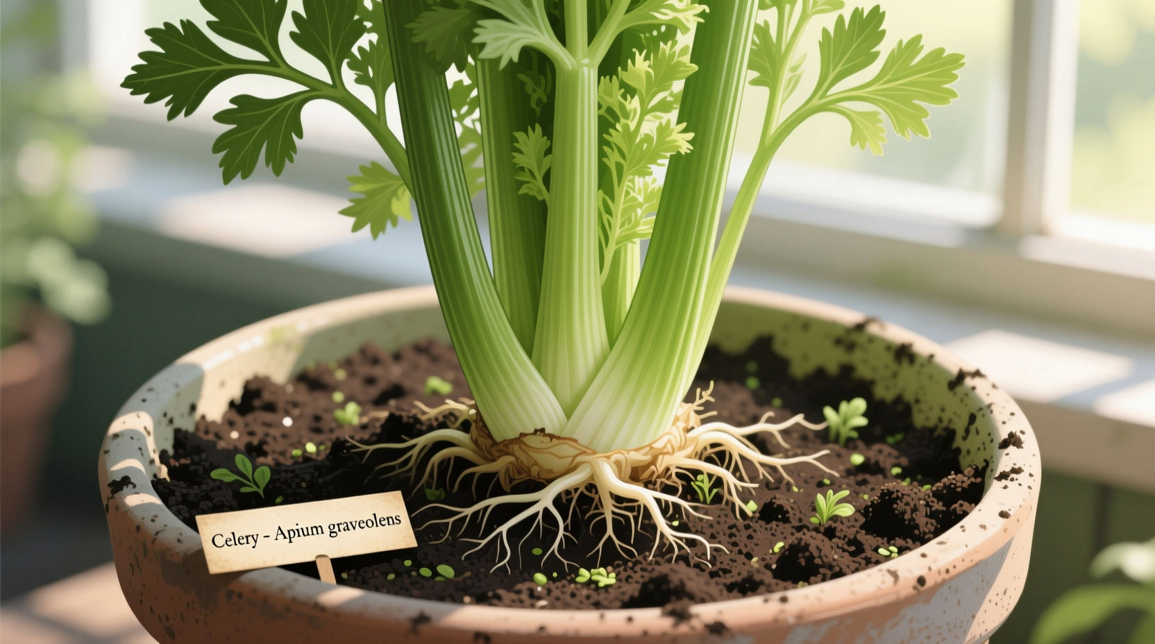 Celery growing in container with proper soil depth