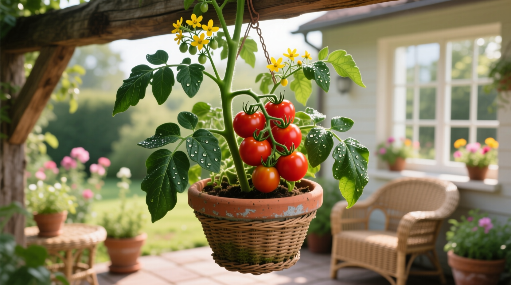 Gesunde Tomatenpflanze im Hängekorb