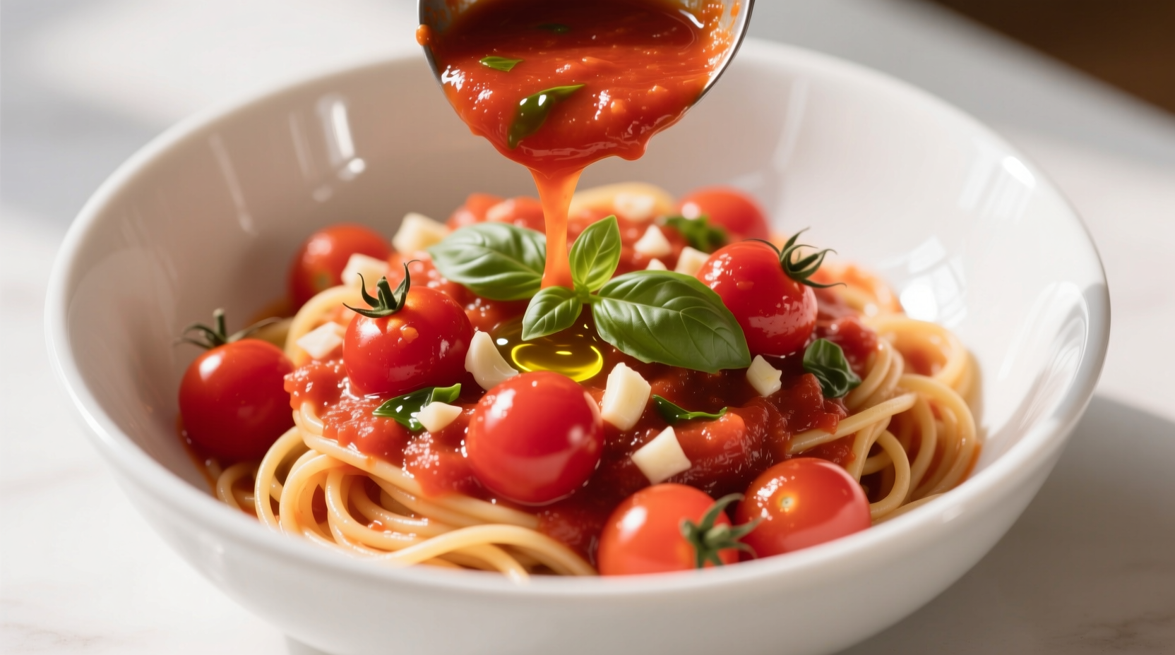 Fresh cherry tomato spaghetti sauce in white bowl