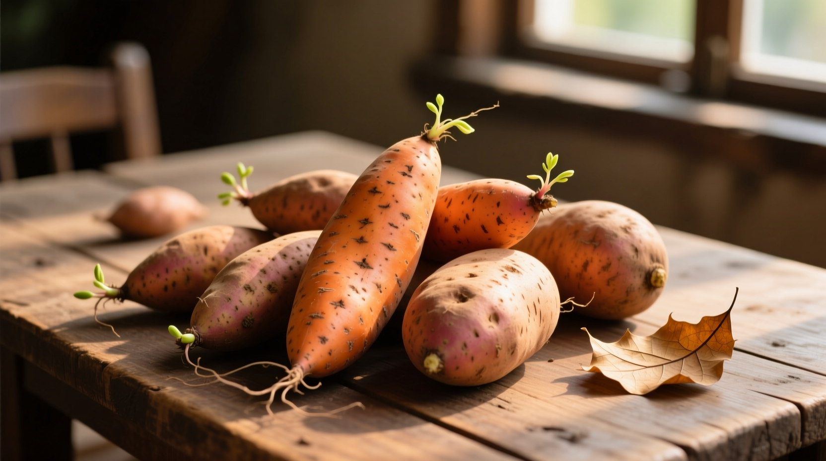 Fresh sweet potatoes arranged on wooden table