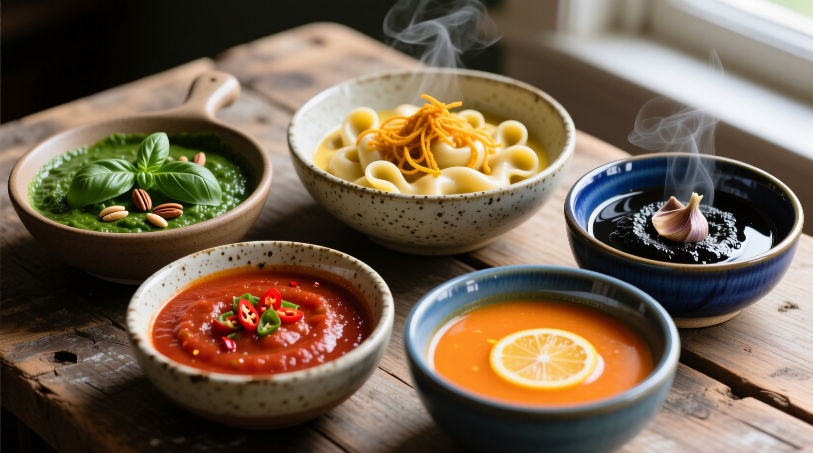 Five vibrant no tomato pasta sauce options in ceramic bowls