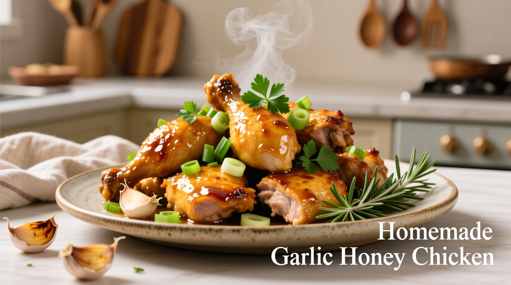 Golden garlic honey chicken with fresh herbs