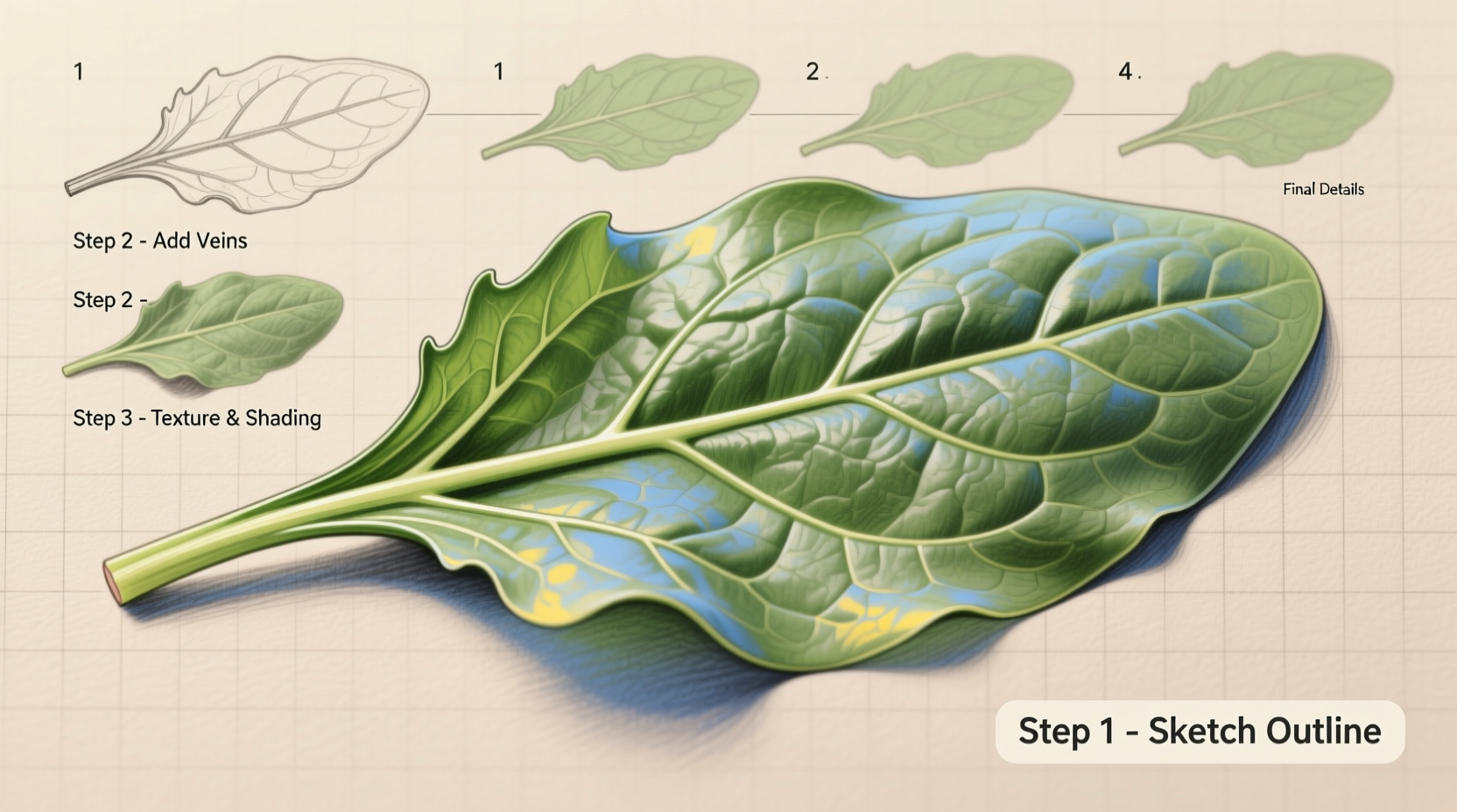 Step-by-step process of drawing a realistic spinach leaf