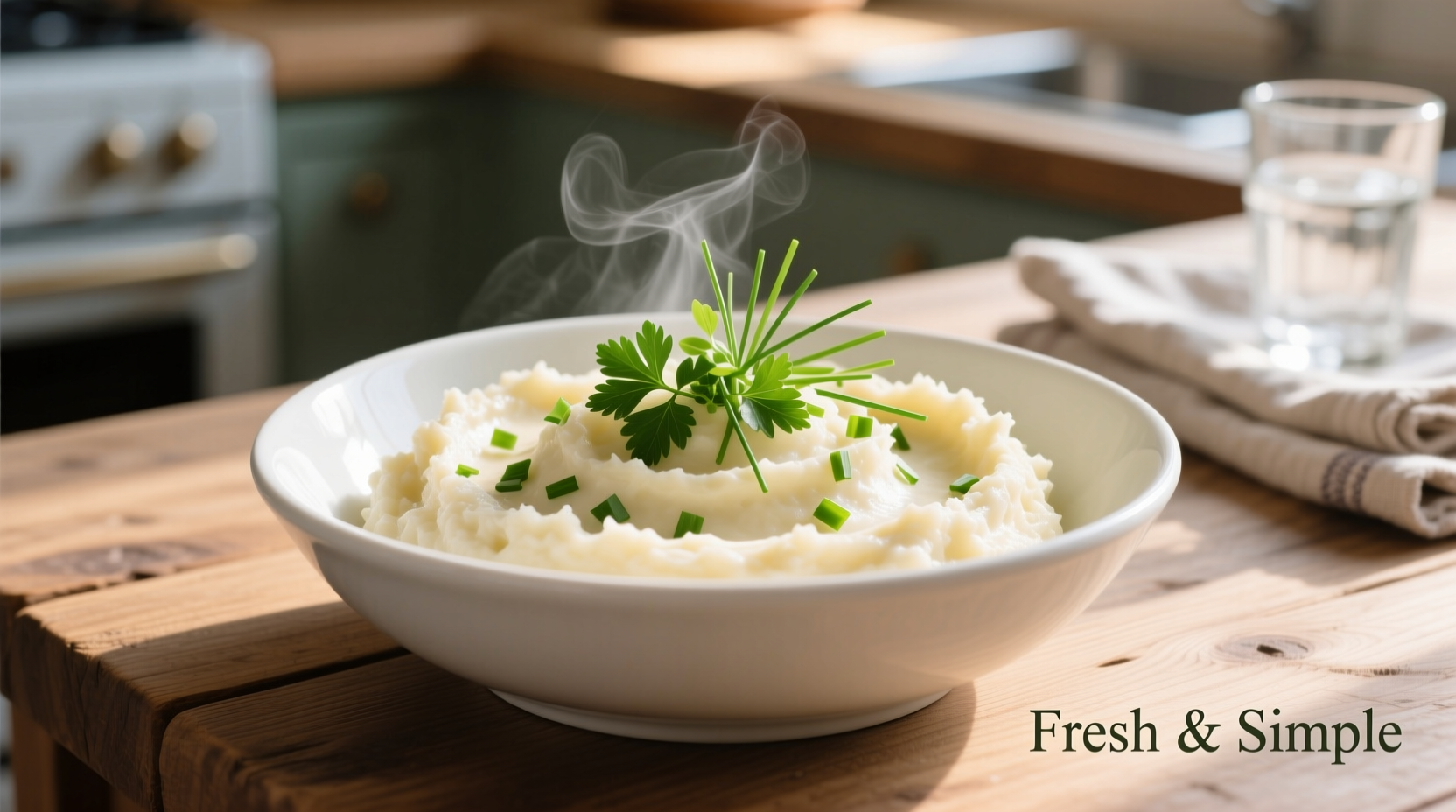 Creamy mashed cauliflower in white bowl with fresh herbs