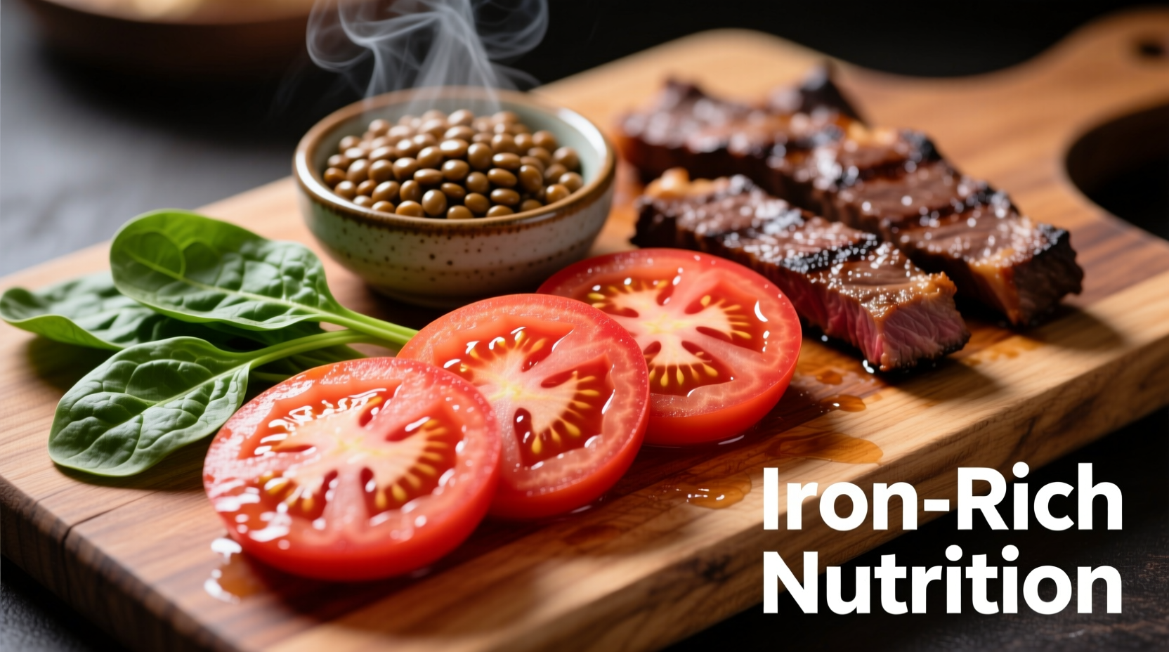 Tomato slices with iron-rich foods on wooden cutting board