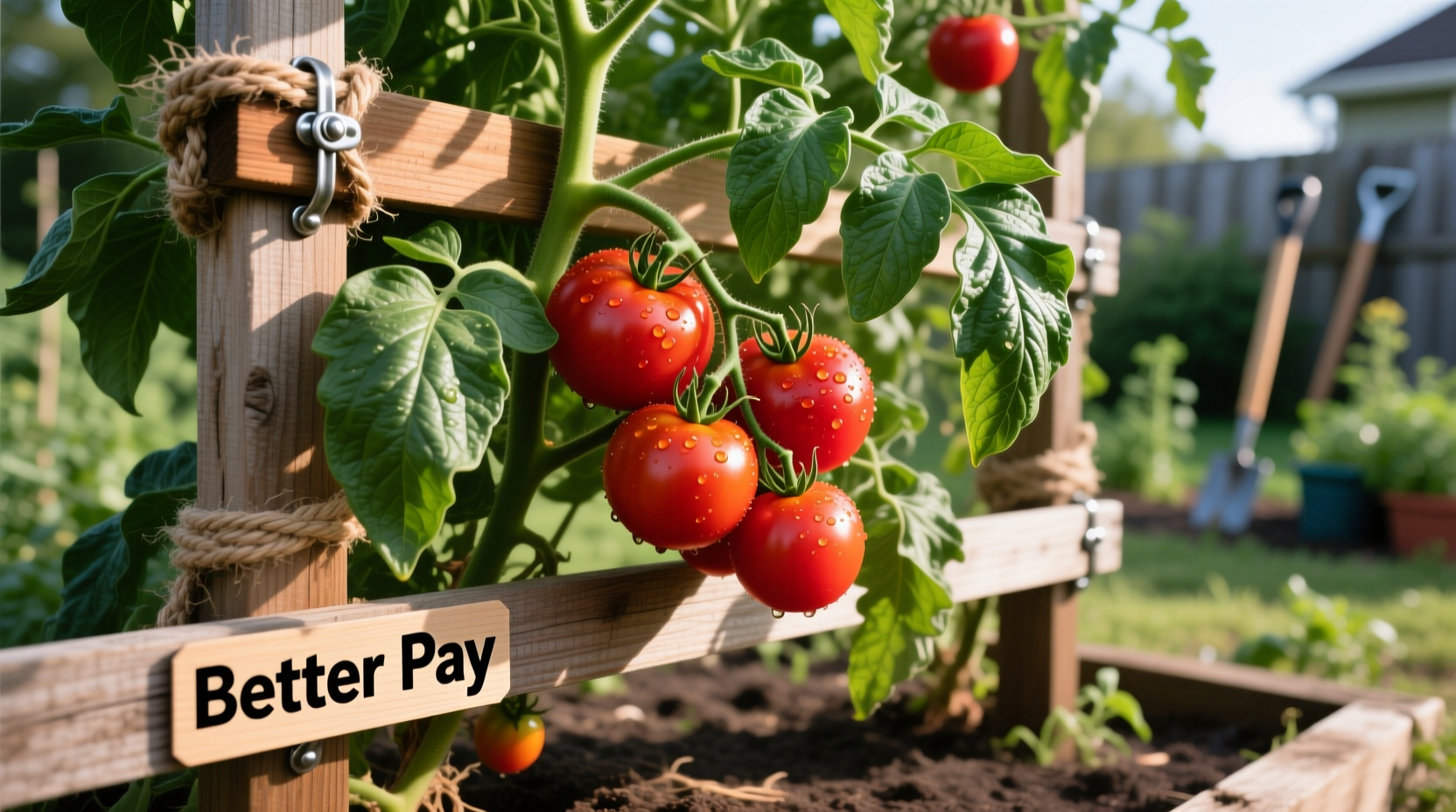 Better Boy tomato plant growing on sturdy trellis