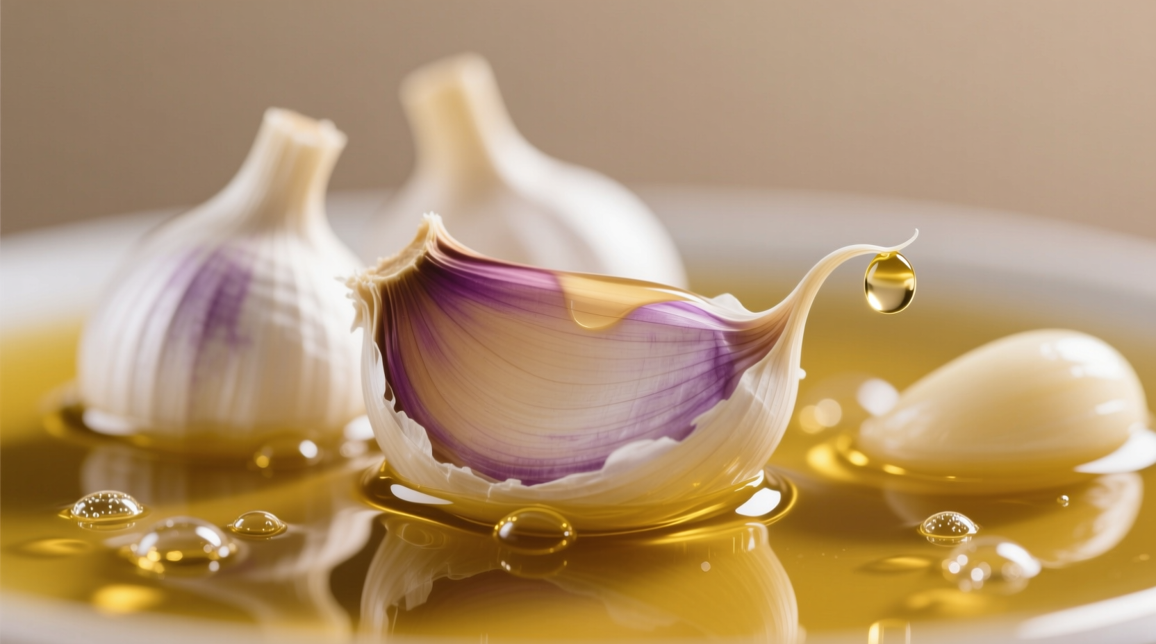Fresh garlic cloves submerged in golden olive oil