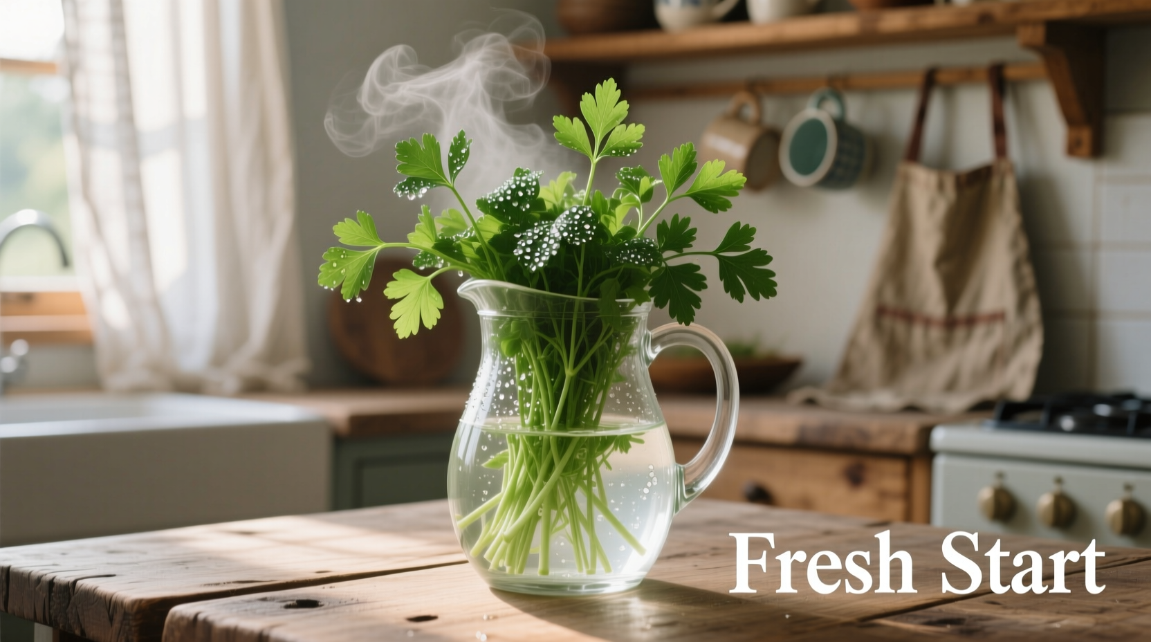 Fresh parsley stems steeping in clear glass pitcher