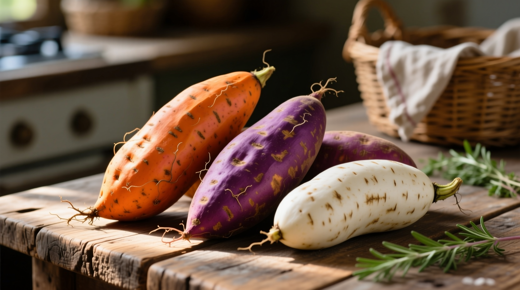 Colorful assortment of sweet potatoes showing orange, purple, and white varieties