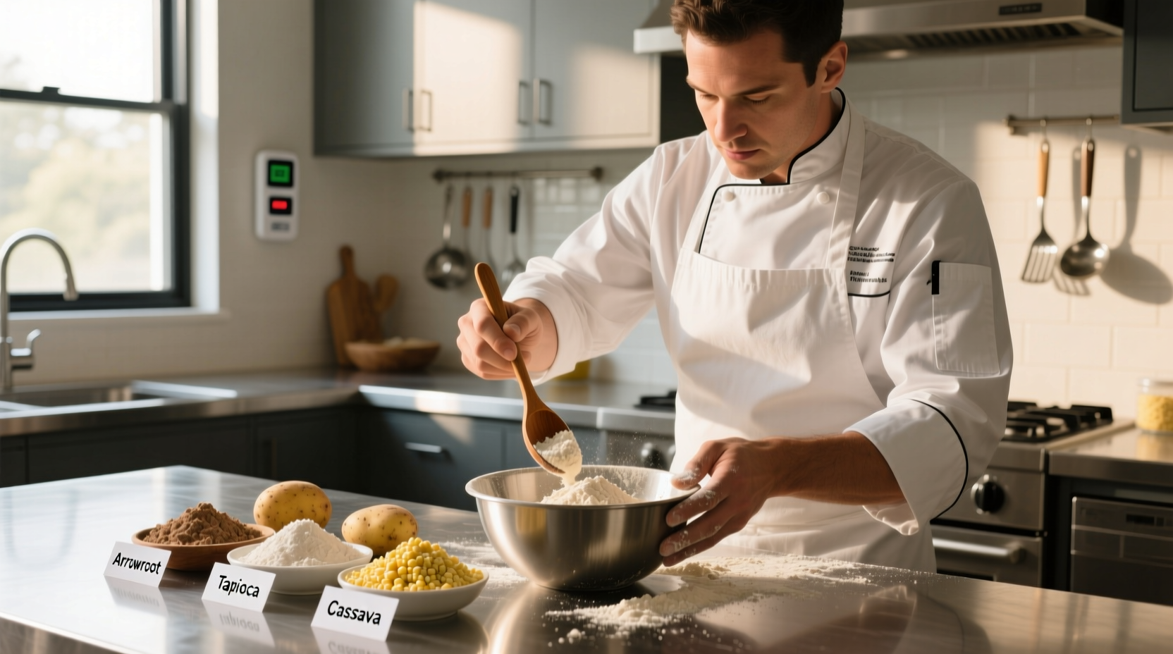 Chef testing potato starch substitutes in kitchen