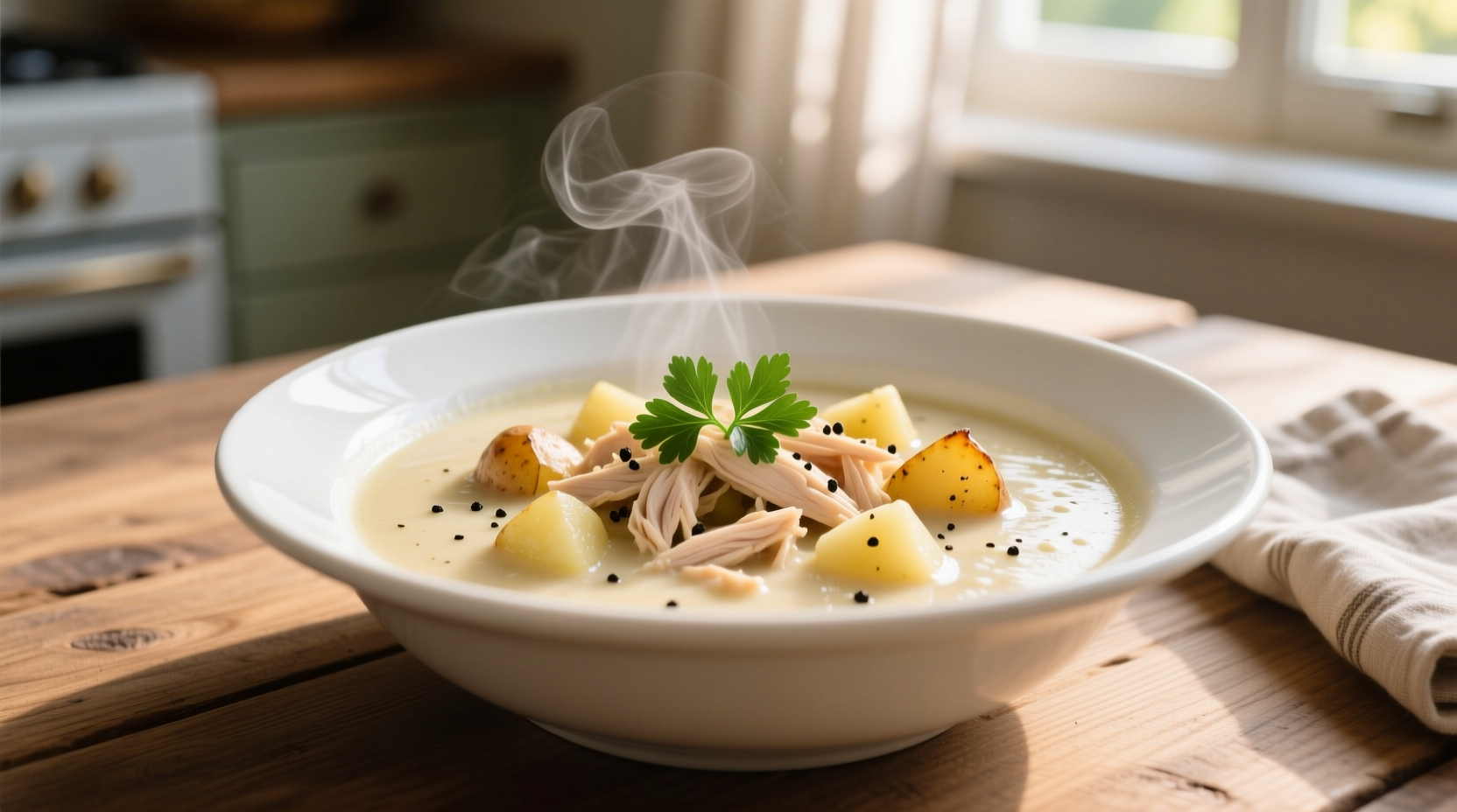 Creamy potato soup with chicken in white bowl