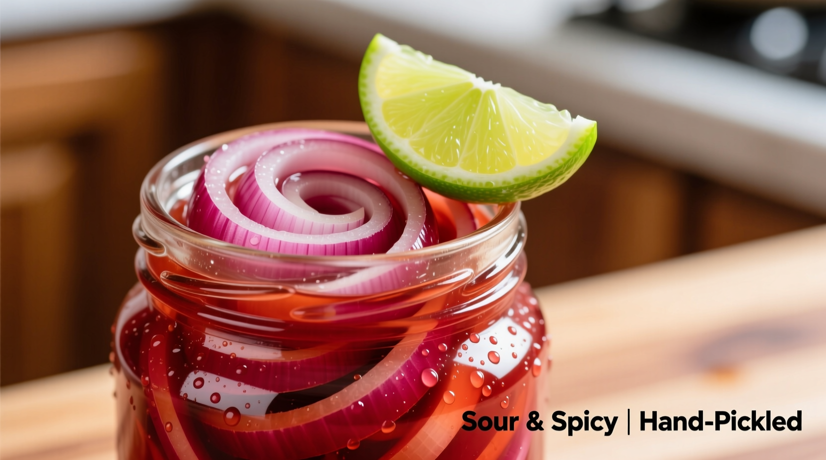 Vibrant red pickled onions in glass jar with lime wedge