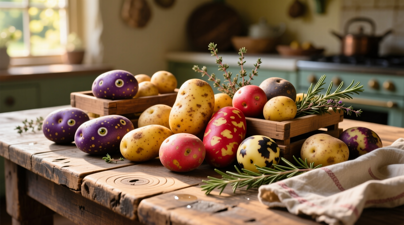 Colorful assortment of different potato varieties on wooden table