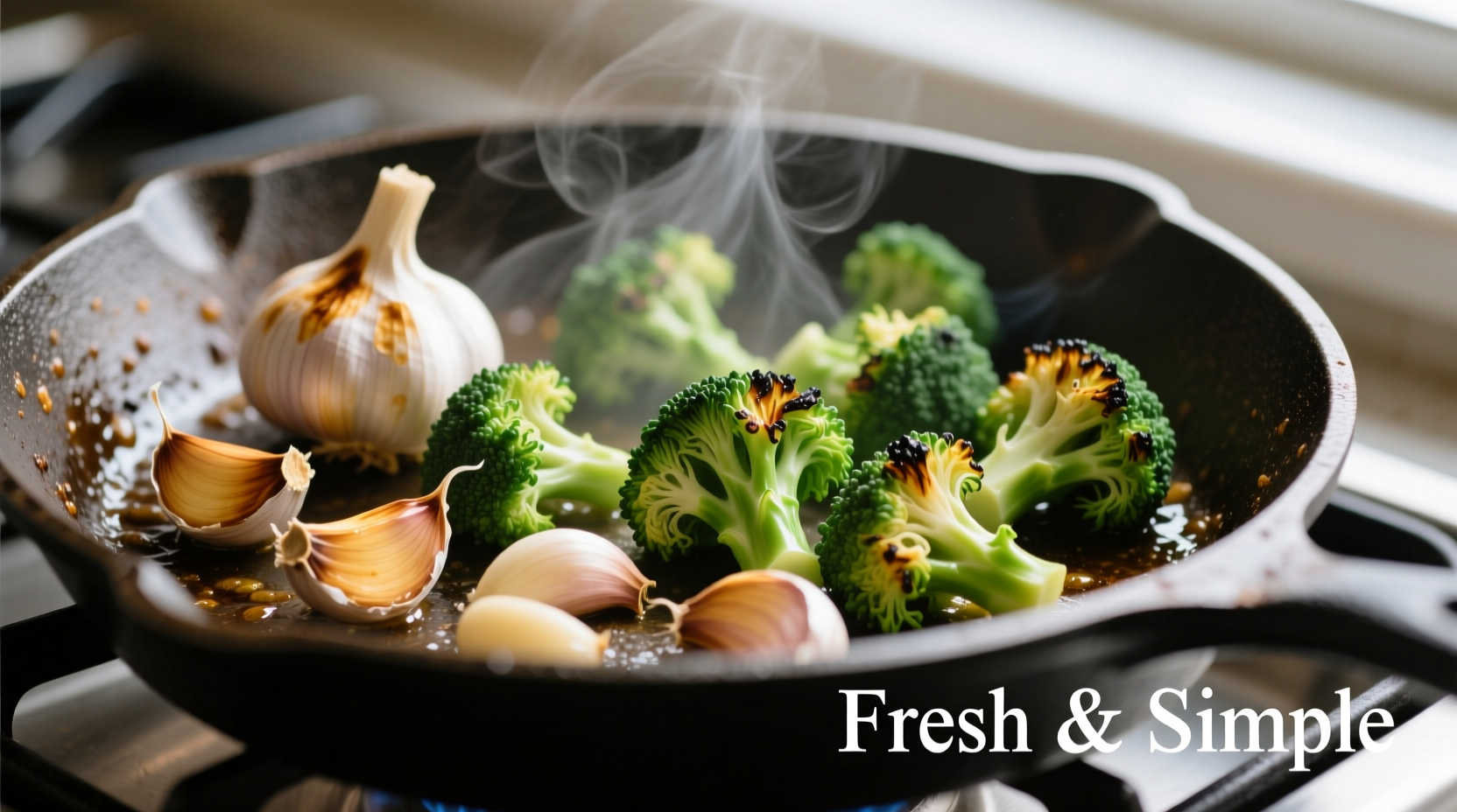 Fresh garlic cloves and broccoli florets in a skillet