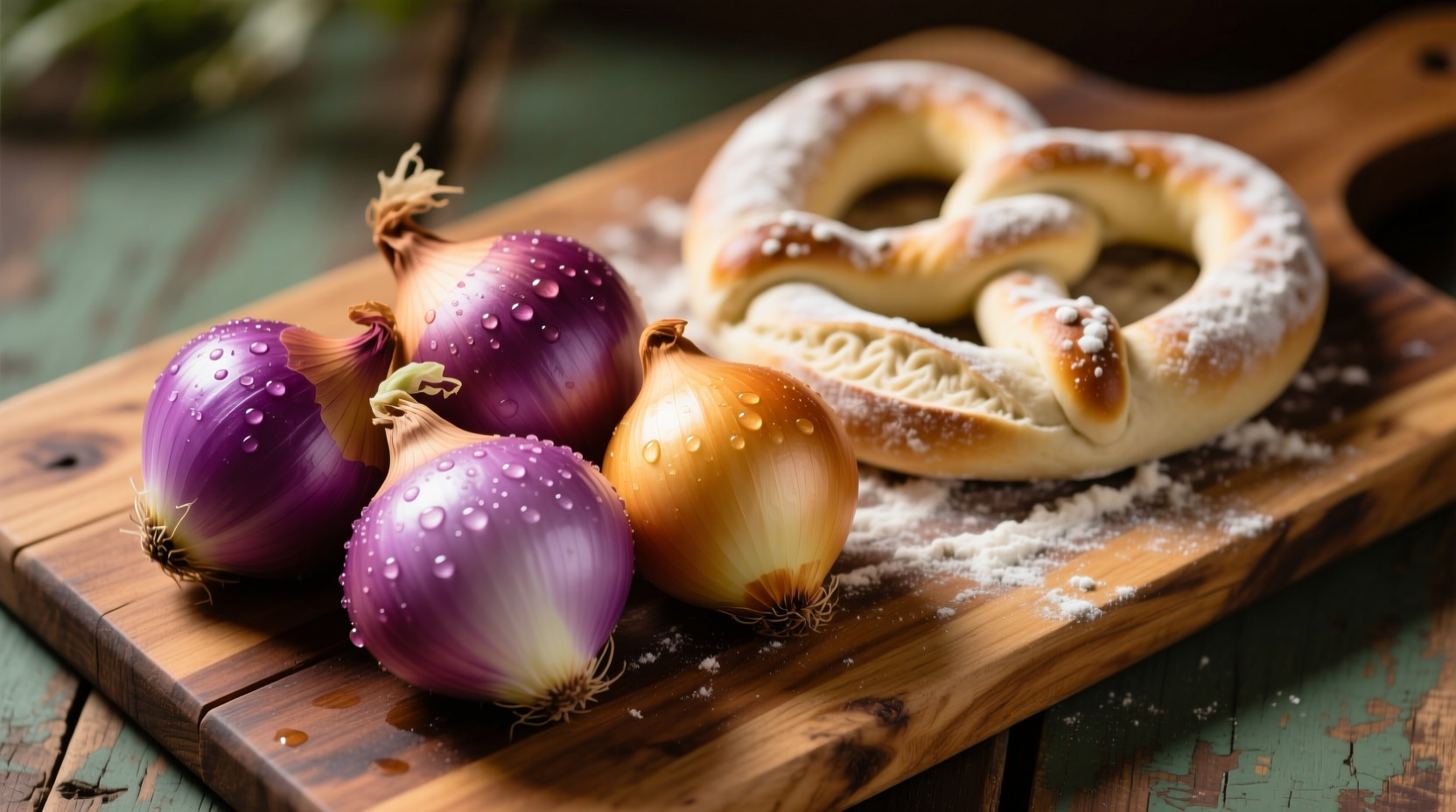 Fresh Maui onions and pretzel dough on wooden board