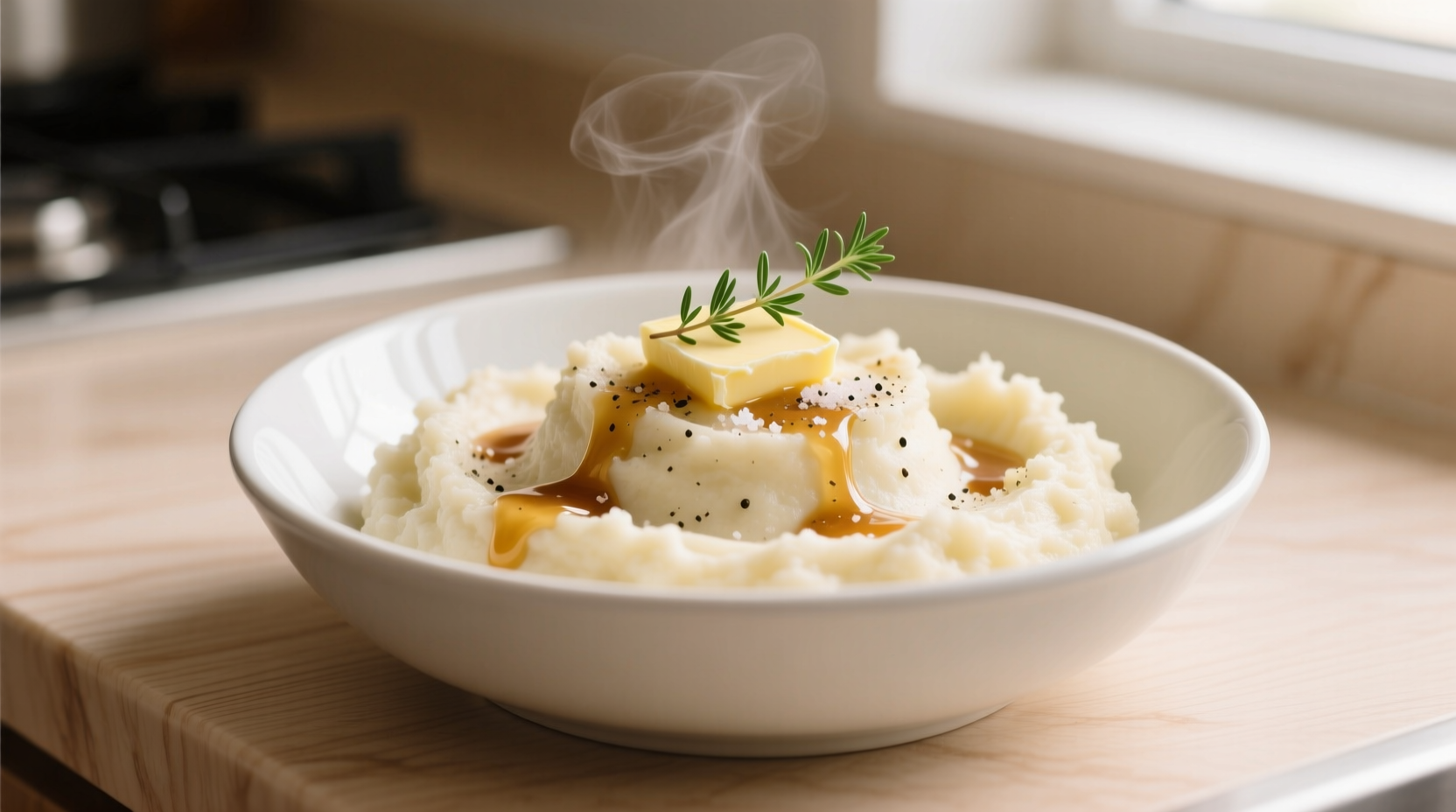 Creamy keto cauliflower mash in white bowl