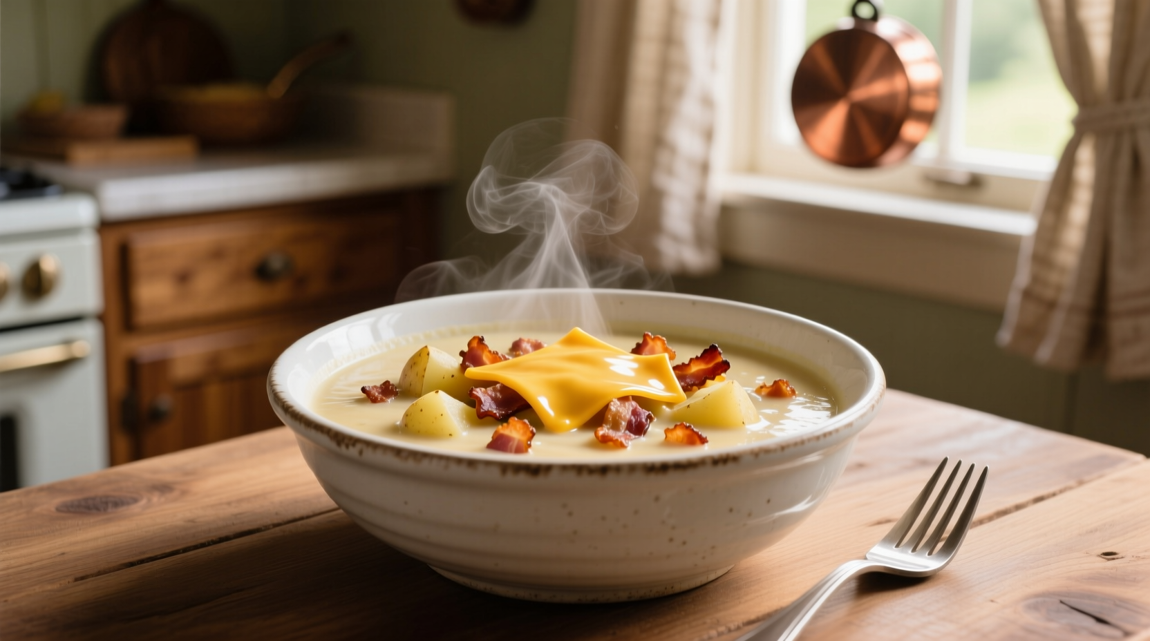 Creamy cheddar bacon potato soup in white bowl