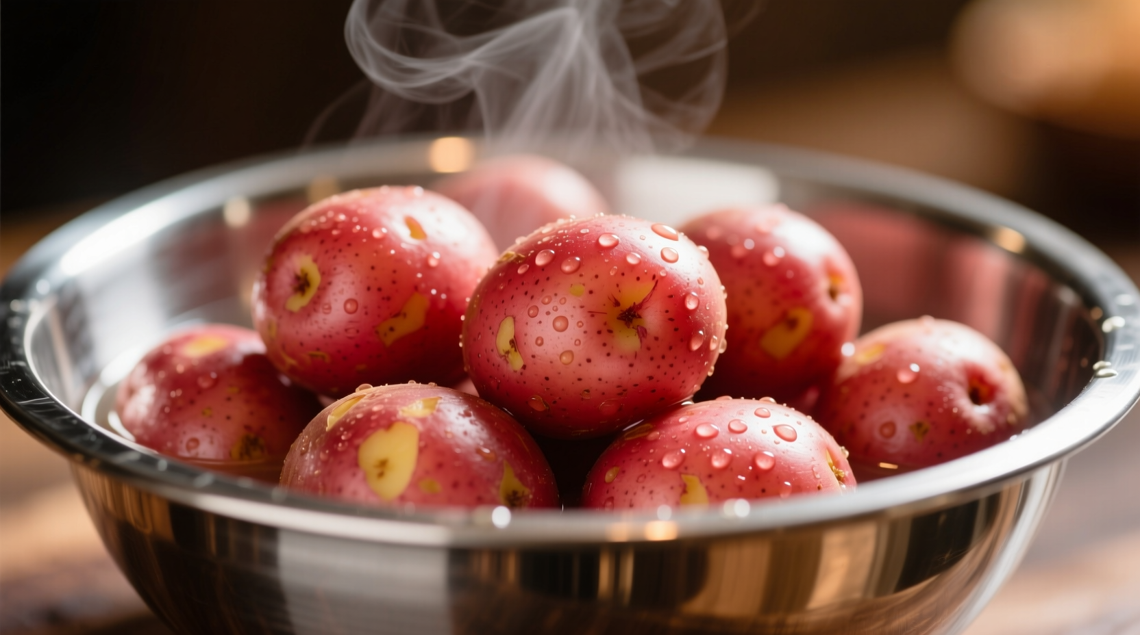 Perfectly boiled red potatoes in a stainless steel bowl