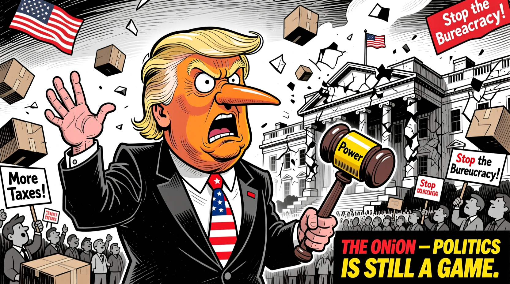 Satirical political cartoon from The Onion showing exaggerated political figures